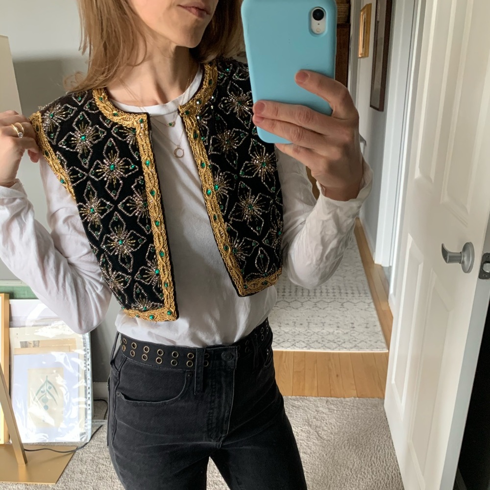 Vintage 60s green velvet & crystal crop vest